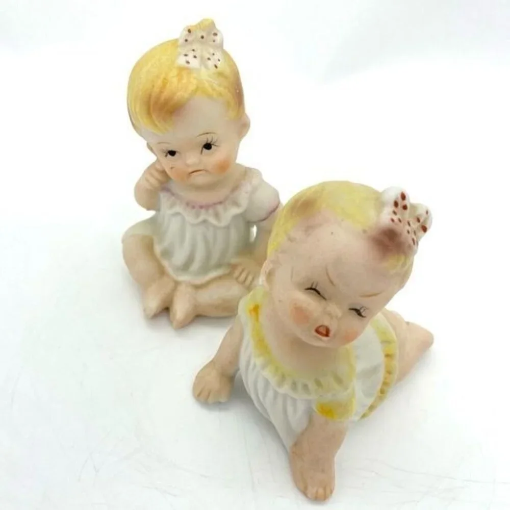 Vintage Porcelain Bisque Piano Baby Dolls Figurine Set Of 2